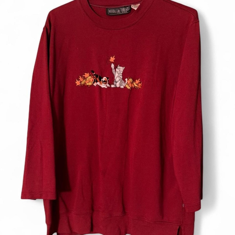 Vintage Needle & Threads Burgundy Cat Dog Autumn Leaves Sweatshirt 1X